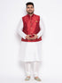 Vastramay Men's Plus Size Maroon Zari Weaved Nehru Jacket With Kurta Pyjama set
